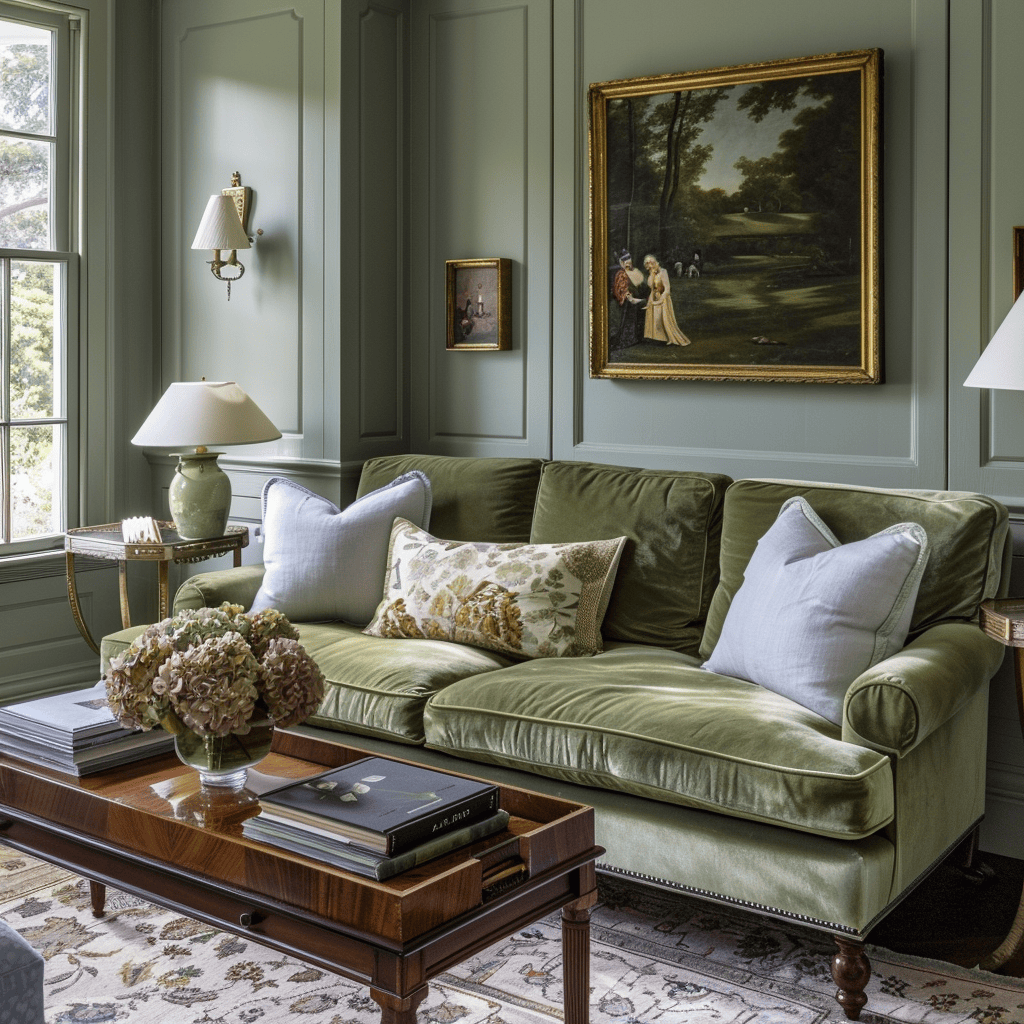 Living room with olive green sofa, sage pillows