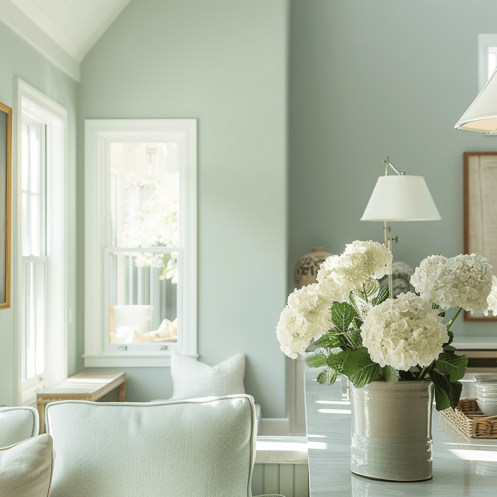 Living room with pale seafoam accents  2