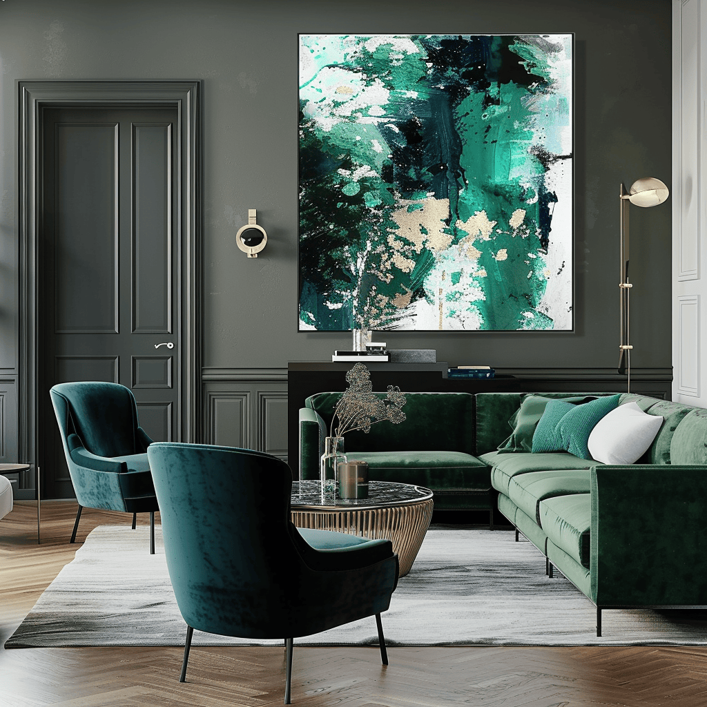 Living room with pop of emerald in artwork2