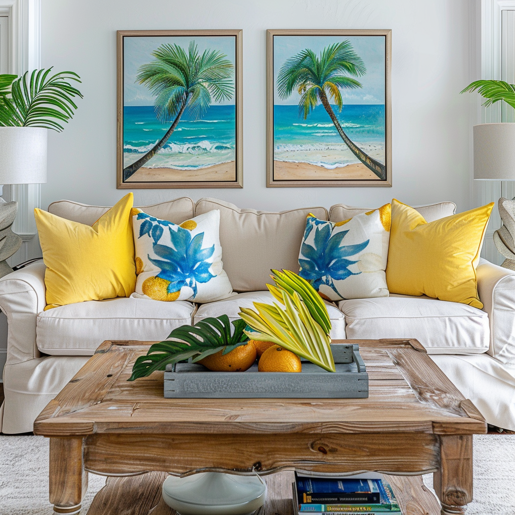 Living room with pops of ocean blues, sandy tans, lush seaside greens - interior design