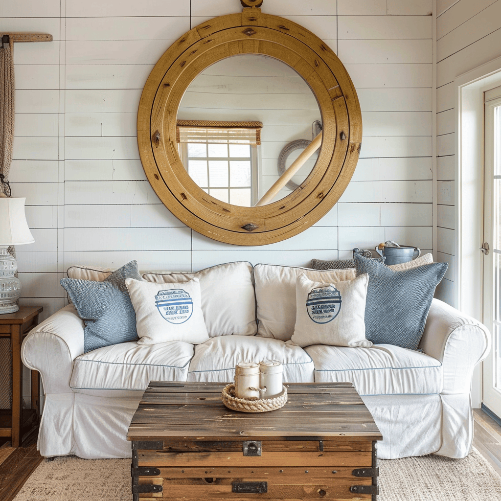 Living room with porthole mirror, life preserver decor2