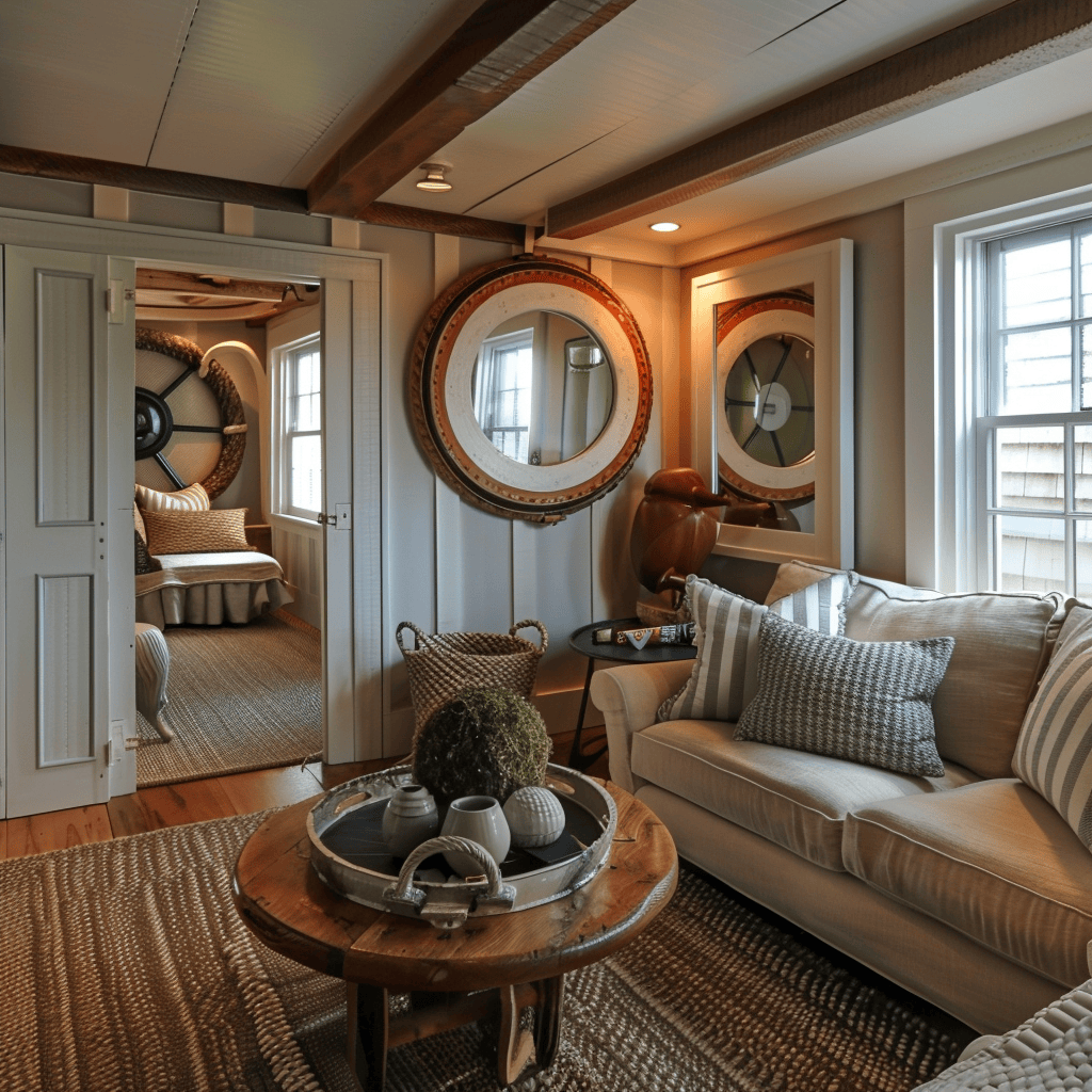 Living room with porthole mirror, life preserver decor4