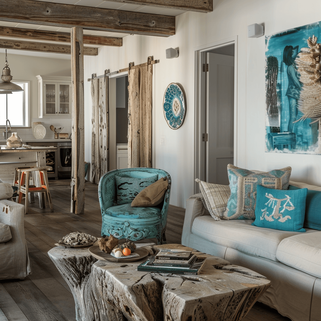 Living room with weathered wood and turquoise 3