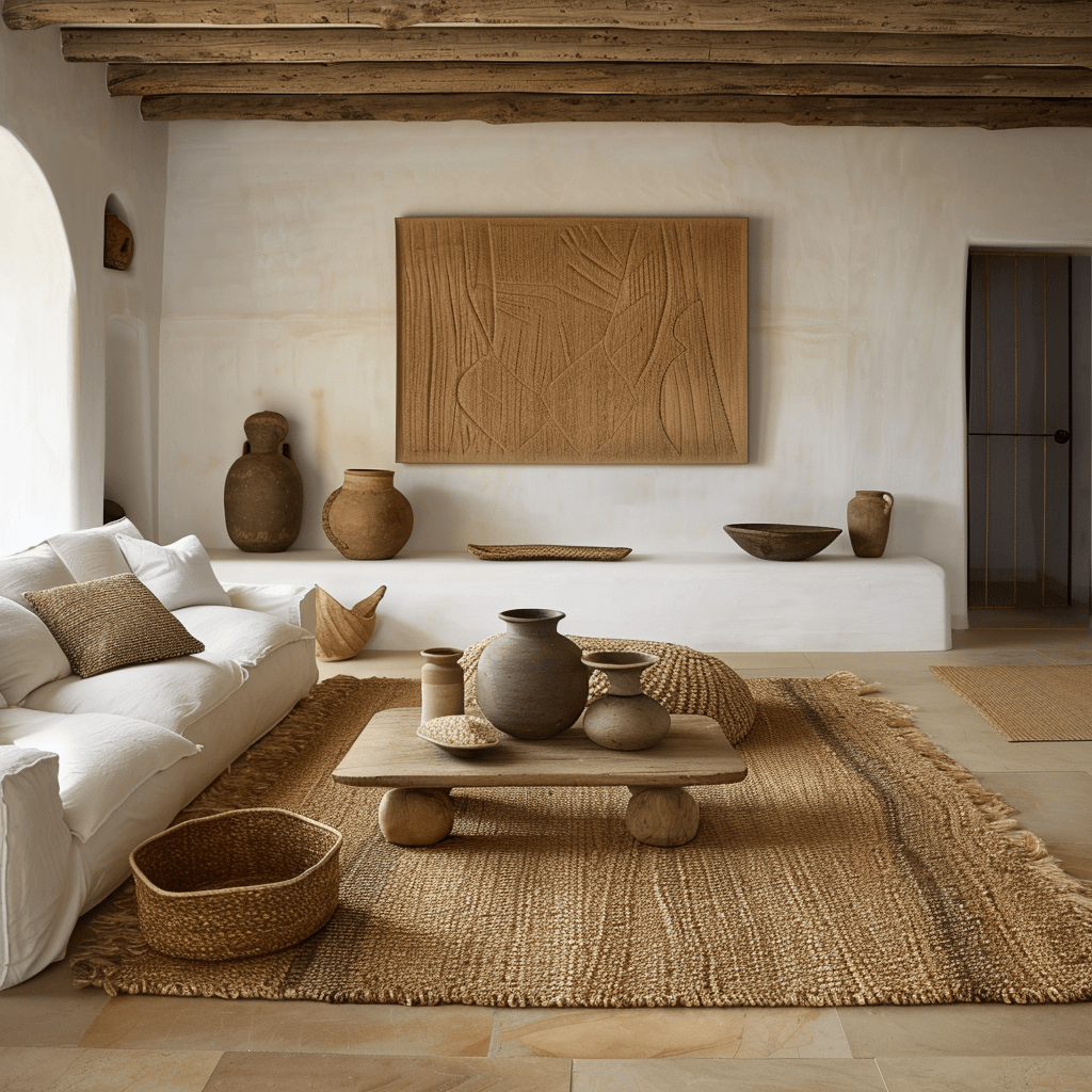 Living room with woven jute rug, ceramic vases2