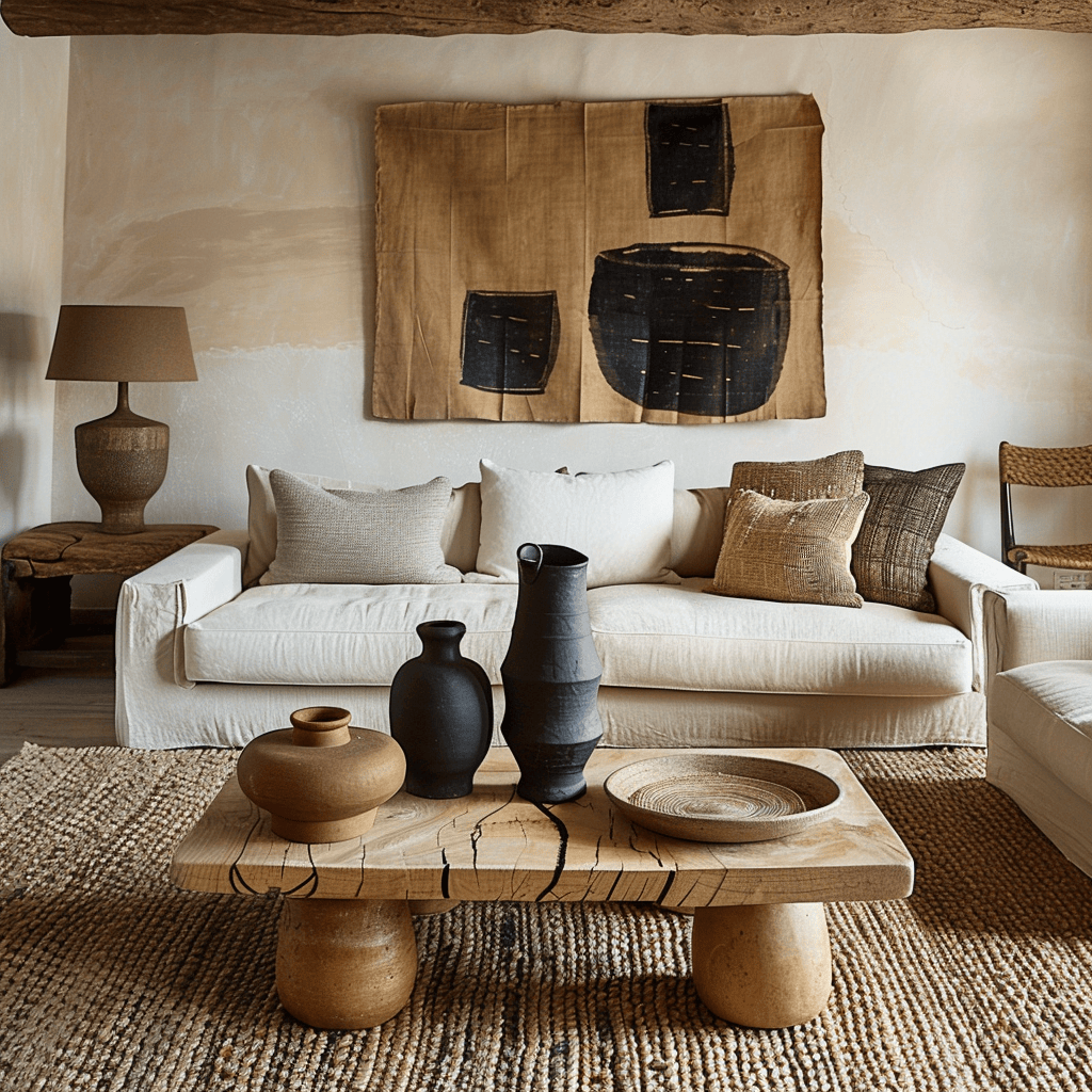 Living room with woven jute rug, ceramic vases3