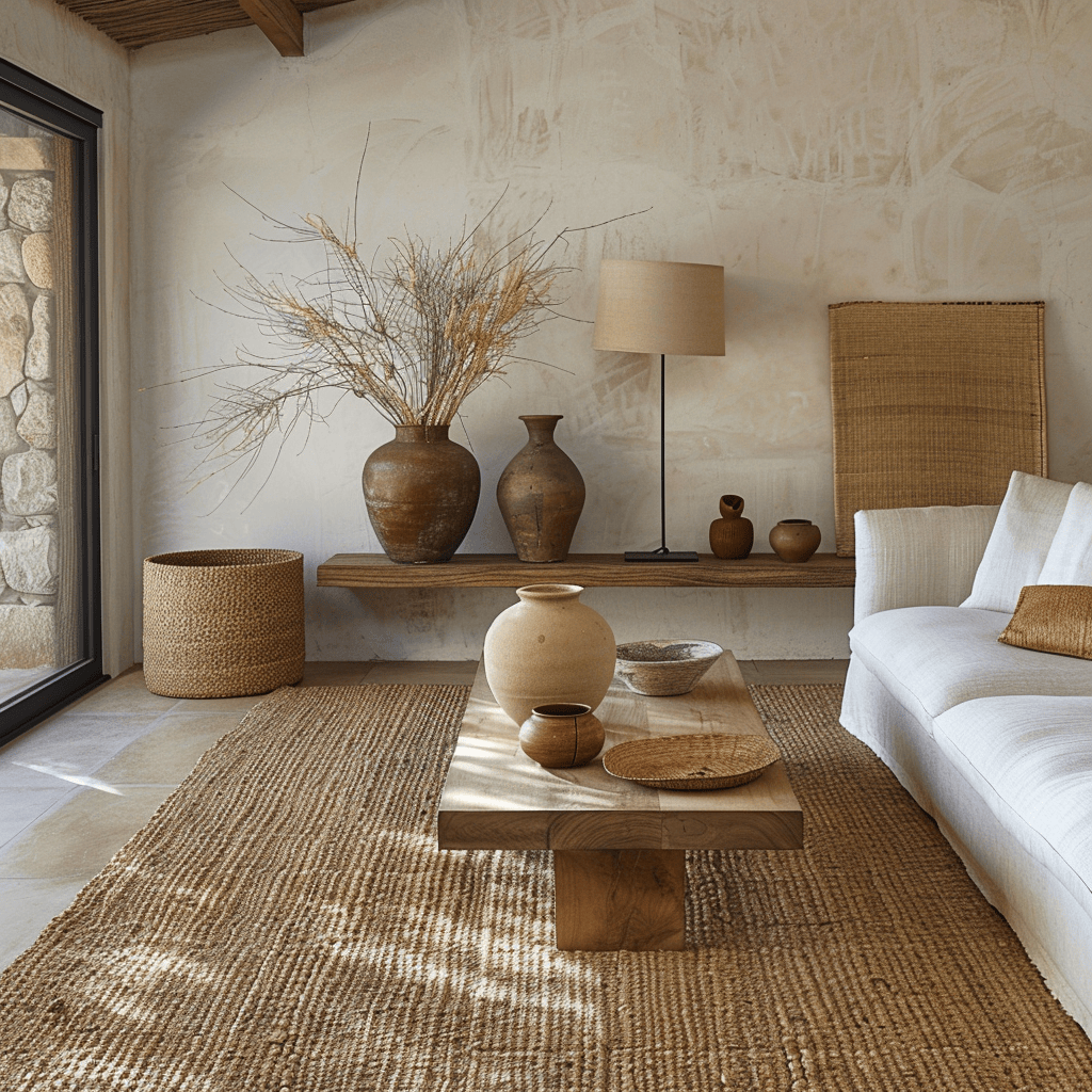 Living room with woven jute rug, ceramic vases4