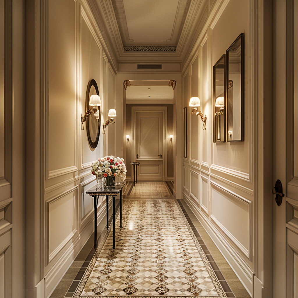 Long, graceful hallway in a Parisian home, lined with classic art and illuminated by elegant wall sconces