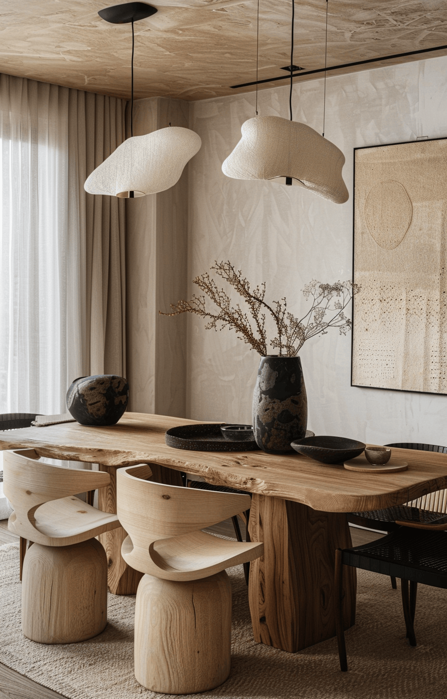 Low-hanging artwork in a Japandi dining room setting