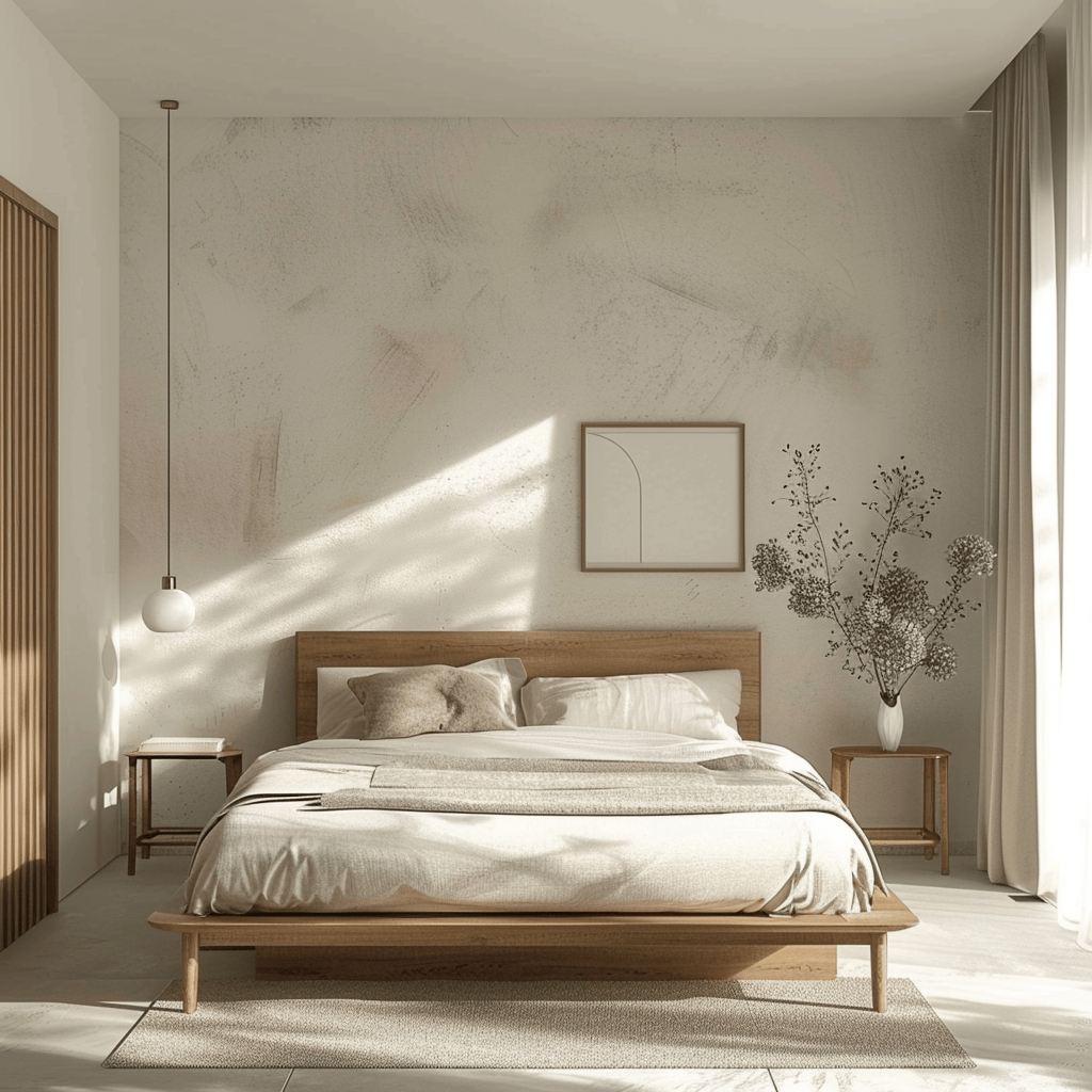 Low-profile platform bed with slim, tapered legs adding a minimalist touch to a Scandinavian bedroom