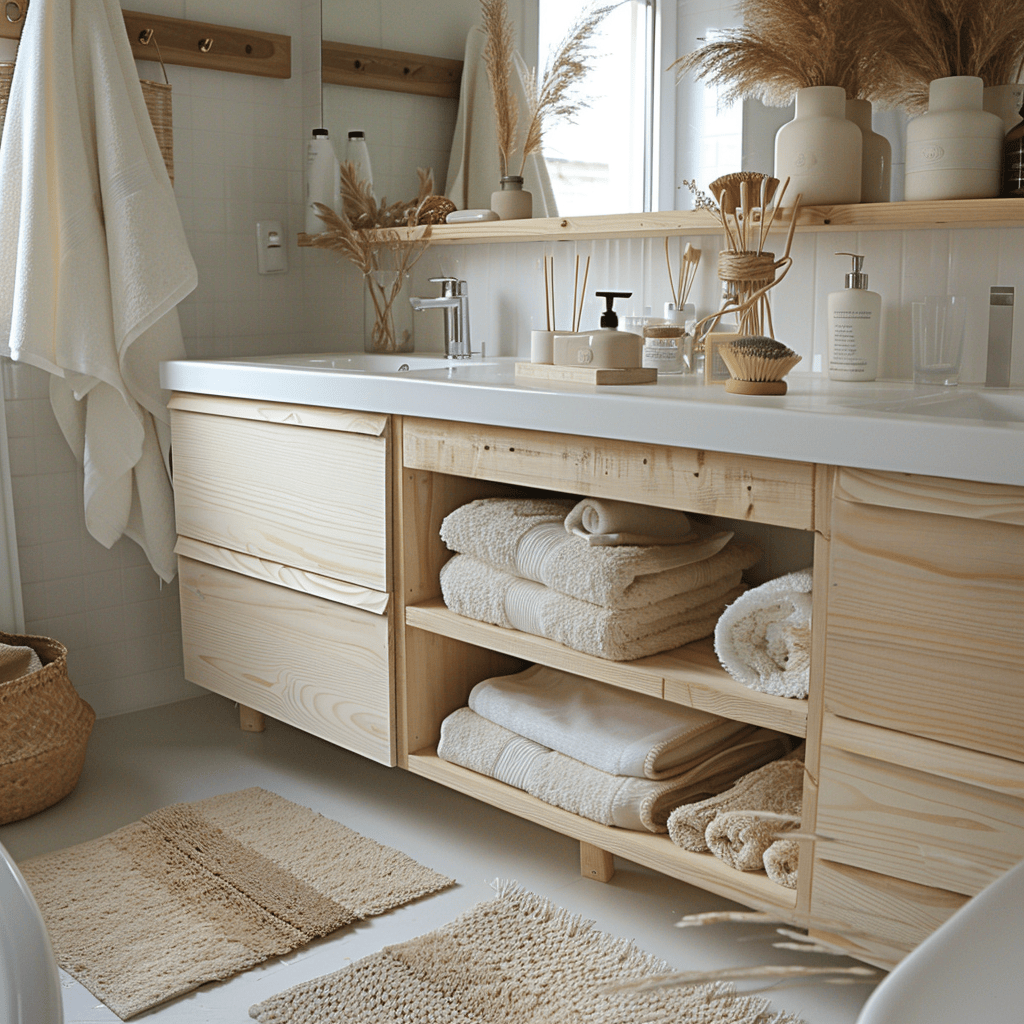 Luminous Scandinavian bathroom incorporating pale wood tones through birch ash and pine accents