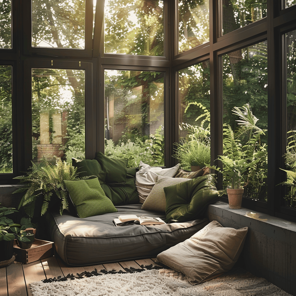 Lush garden, green throw pillow, and potted fern bring nature into this Scandinavian sunroom
