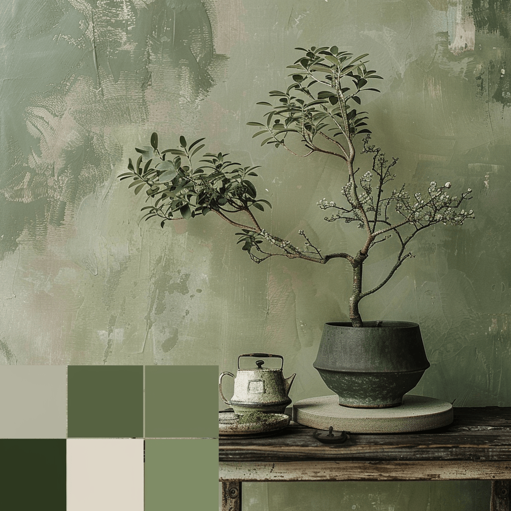 Lush green accents in a Japandi color palette, bringing a touch of nature's tranquility and vitality into a harmoniously minimalist home