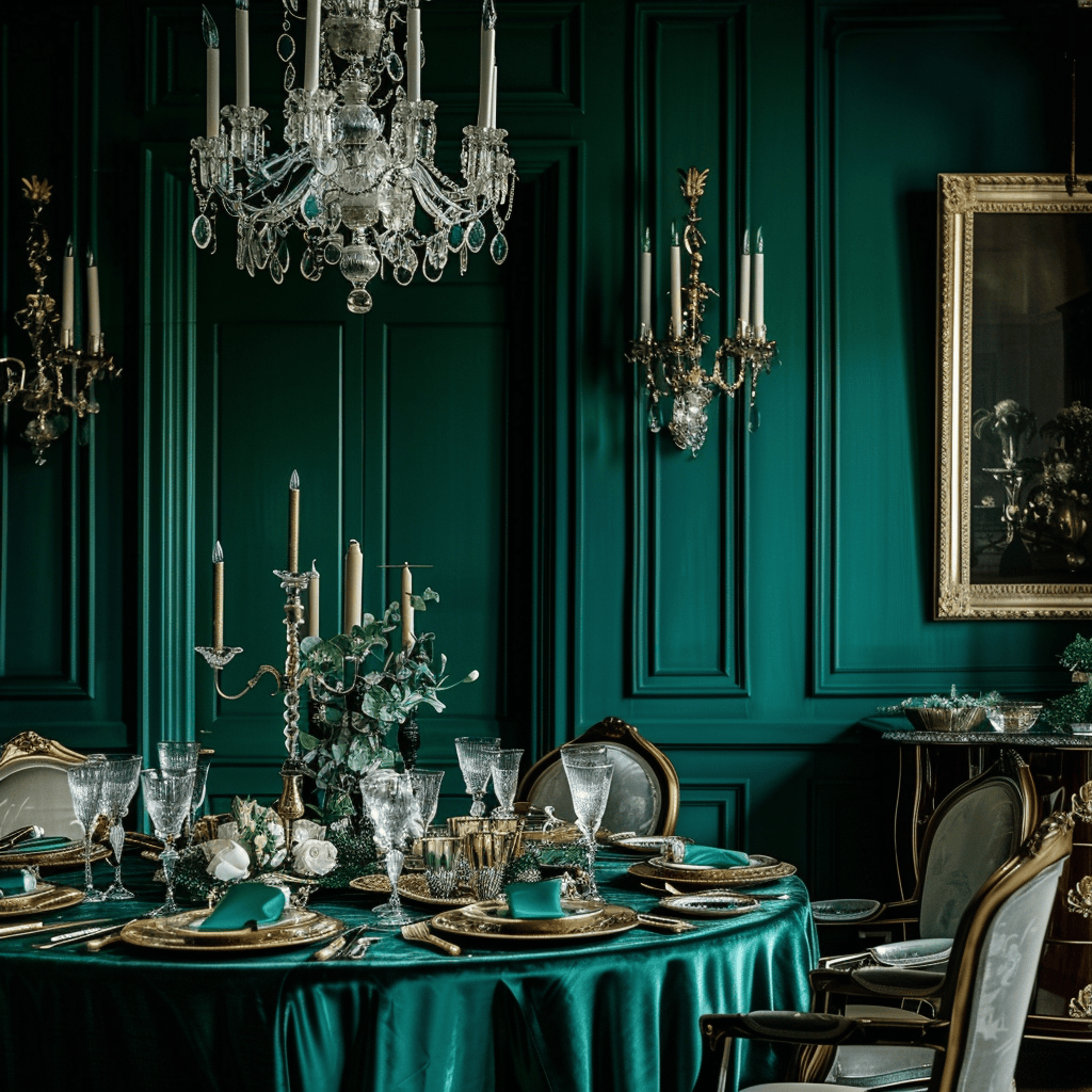 Luxurious Mediterranean dining space featuring rich emerald walls, an elegant jade tablecloth, gilded dinnerware, and a grand crystal chandelier