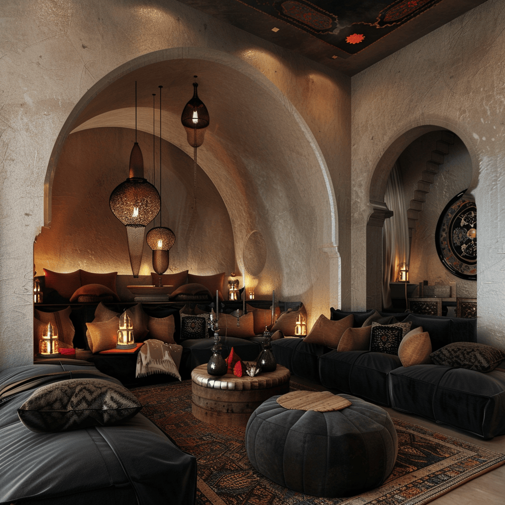 Luxurious Moroccan dining room adorned with soft, plush Beni Ourain rugs