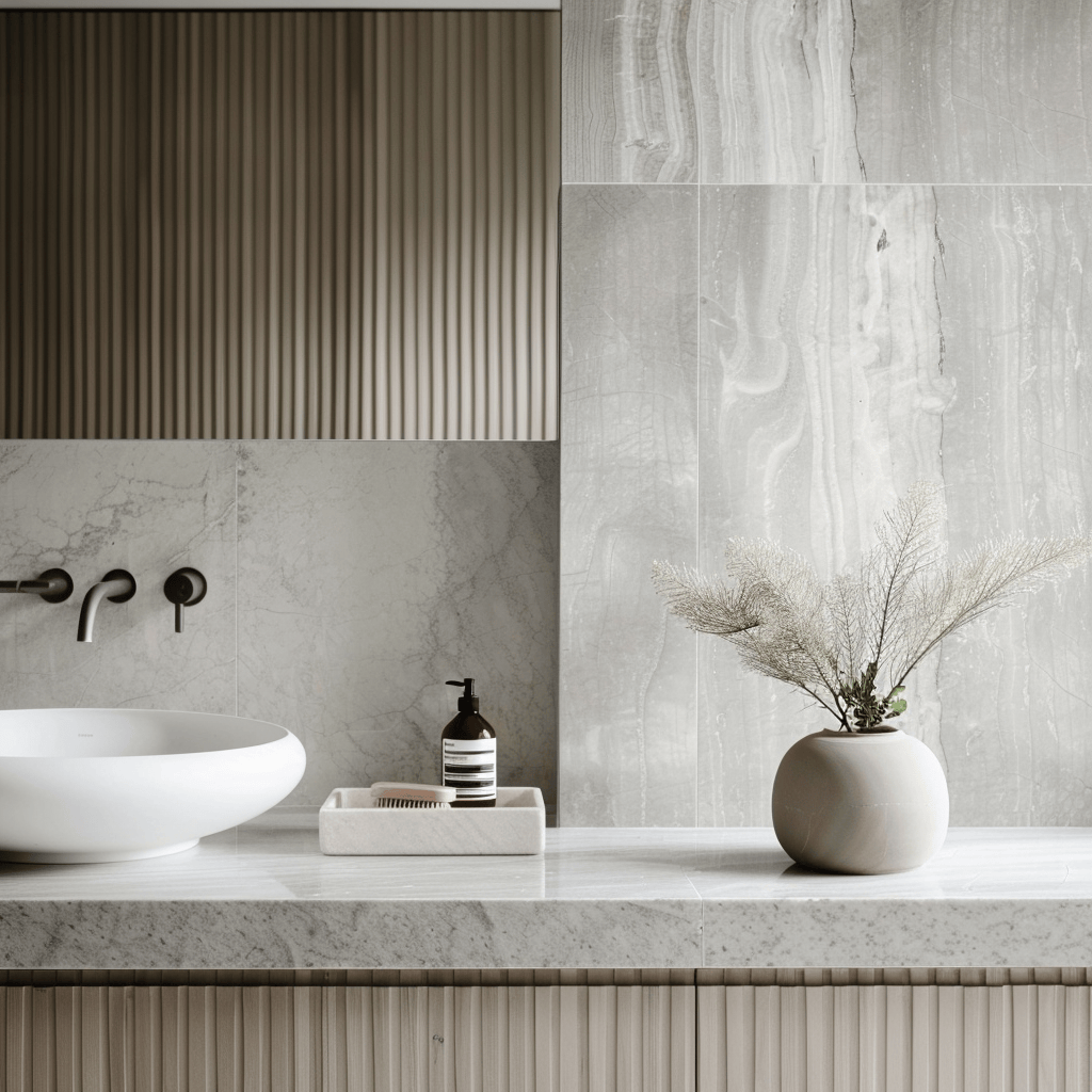 Luxurious Scandinavian bathroom showcasing a pristine white marble counter and a delicate granite backdrop