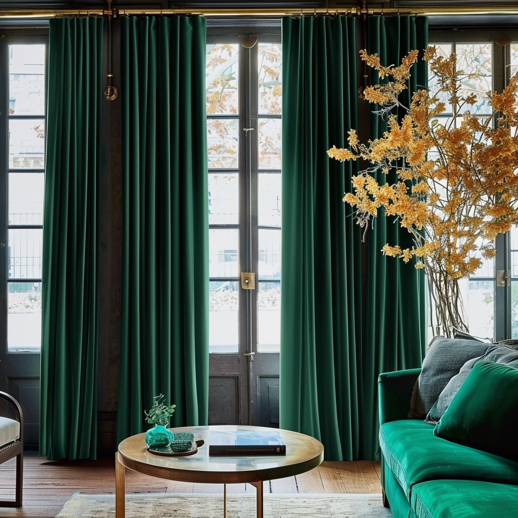 Luxurious emerald green velvet curtains hang elegantly from a brass rod in a cozy living room, adding depth and sophistication to the space4