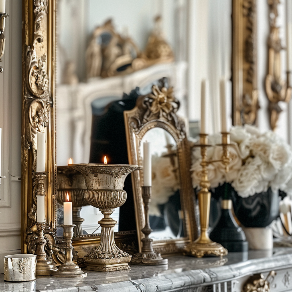 Luxurious living area with gold framed mirrors and ornate candlesticks, reflecting the opulence of Parisian decor