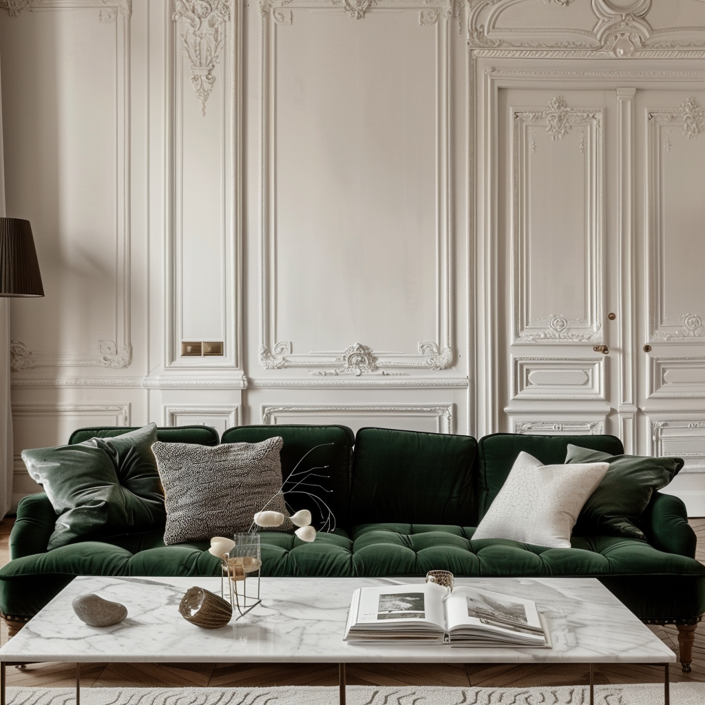 Luxurious living room featuring a velvet sofa and marble coffee table, accented by soft throw pillows and greenery
