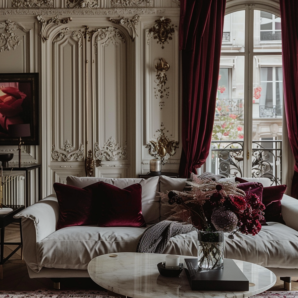 Luxurious living room with burgundy velvet drapes and matching throw pillows, adding richness to the decor