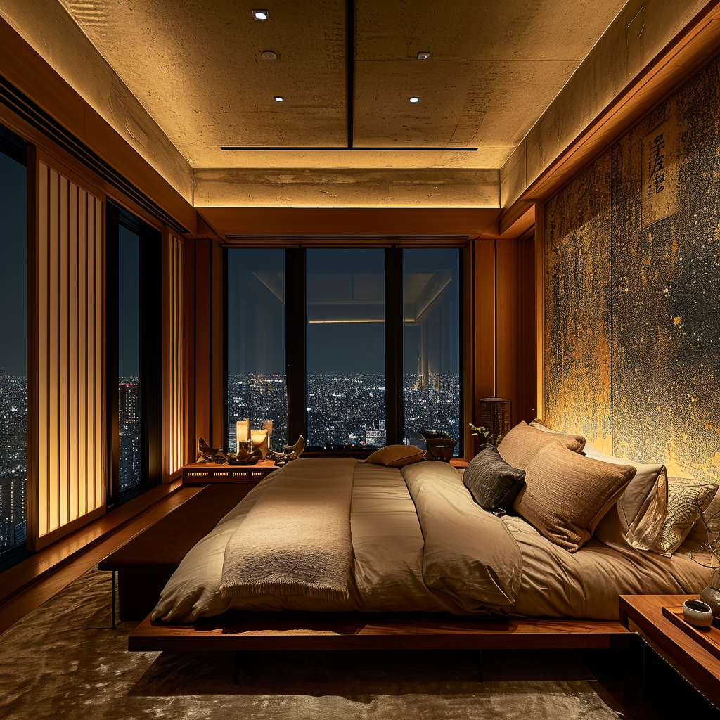 Luxurious modern Japanese bedroom with a low wooden bed frame and soft lighting.