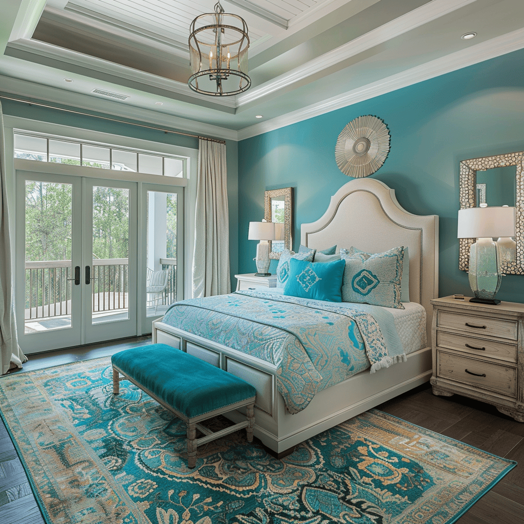 Master bedroom with vibrant turquoise accents
