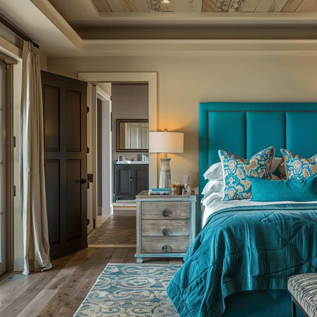 Master bedroom with vibrant turquoise accents 3
