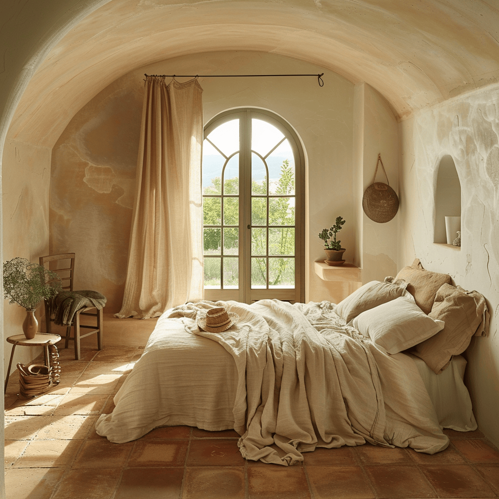 Mediterranean-inspired bedroom retreat with a color scheme that celebrates the warm, sunbaked tones of the region, enveloping the space in a comforting embrace
