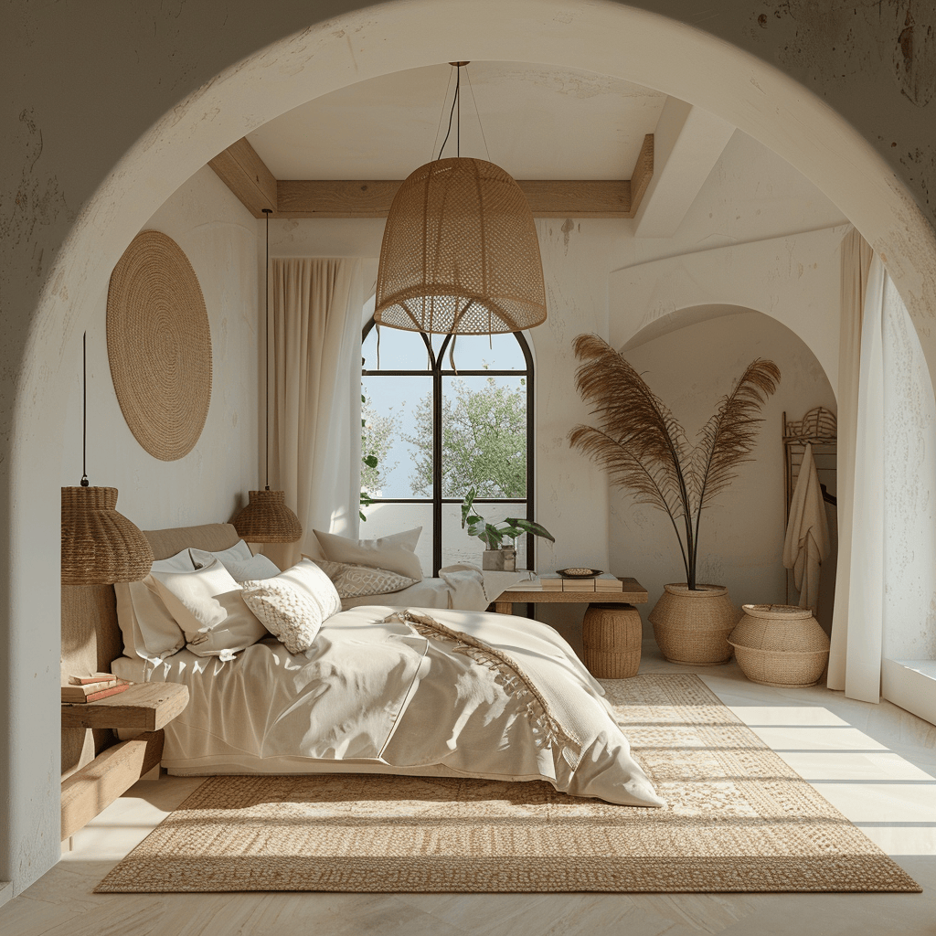 Mediterranean-inspired bedroom retreat with a focus on editing, curating a serene and harmonious space that invites relaxation and rejuvenation