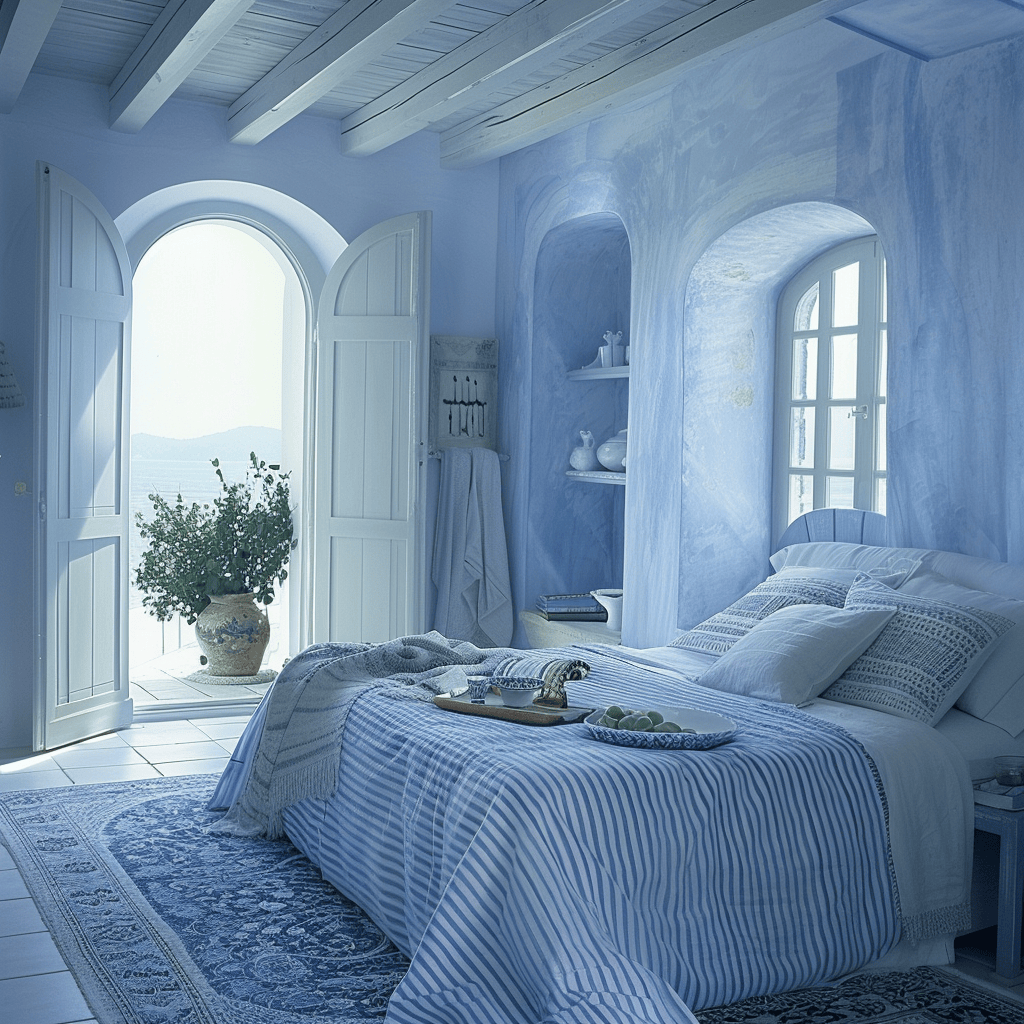 Mediterranean-inspired bedroom retreat with a focus on soothing blues that pay homage to the stunning waters of the Aegean, enveloping the space in a sense of tranquility and serenity