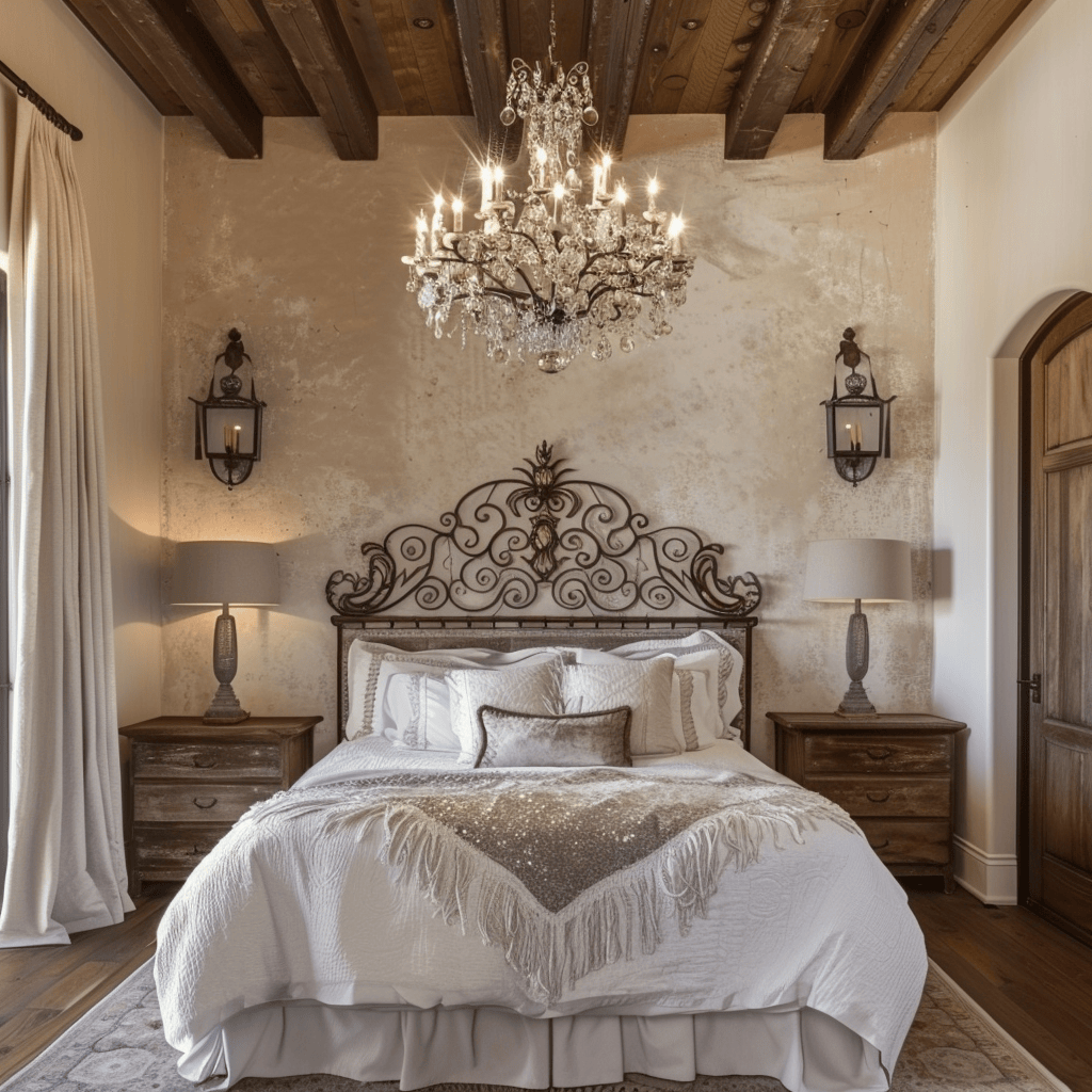 Mediterranean-inspired bedroom retreat with a stunning statement chandelier that pays homage to the opulent architecture and design of the Mediterranean, creating a captivating ambiance