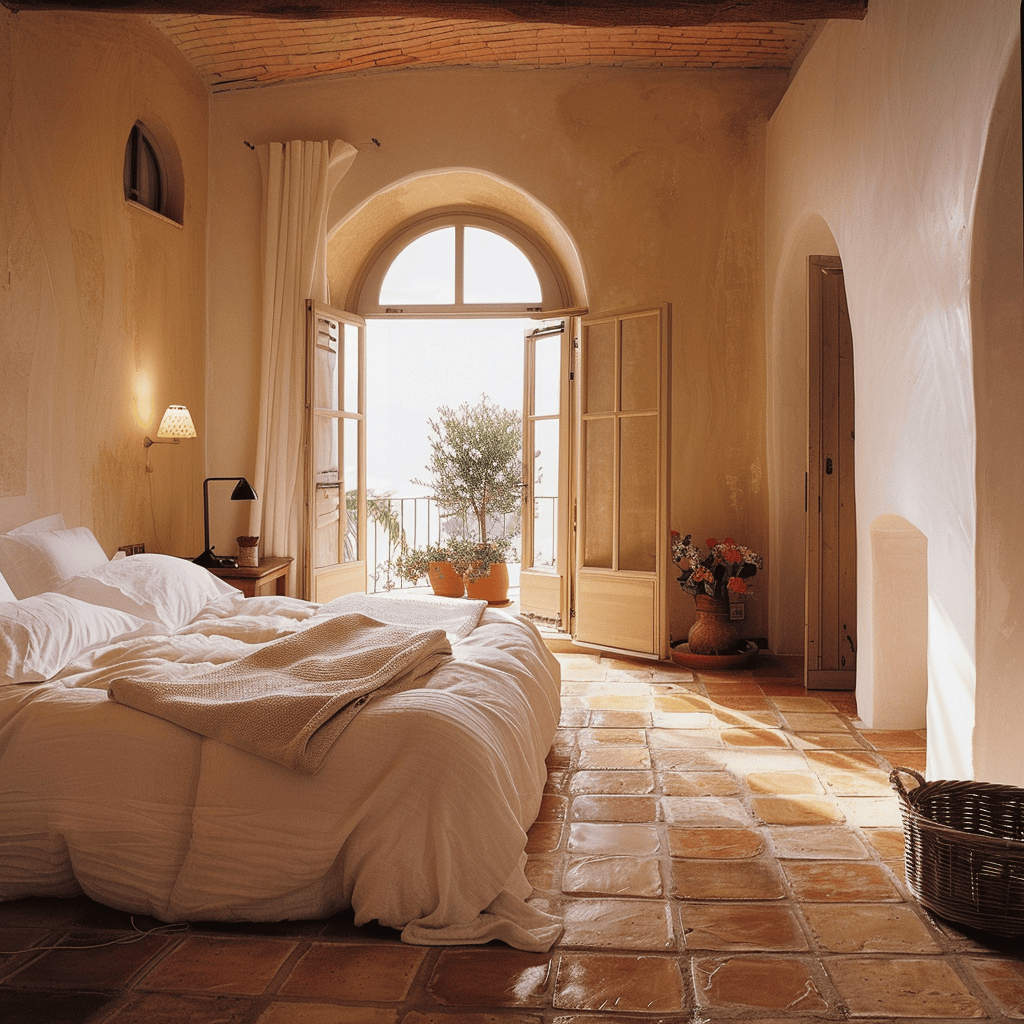 Mediterranean-inspired bedroom retreat with carefully selected flooring that connects the design to the Mediterranean landscape, culture, and sense of timeless beauty