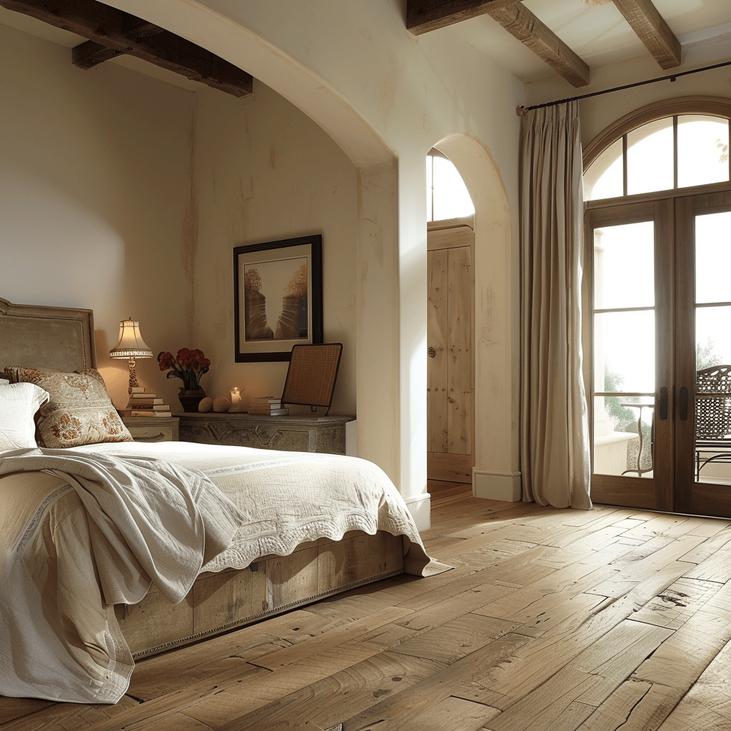 Mediterranean-inspired bedroom retreat with distressed wood plank flooring that serves as a rustic foundation, infusing the space with timeless charm and character