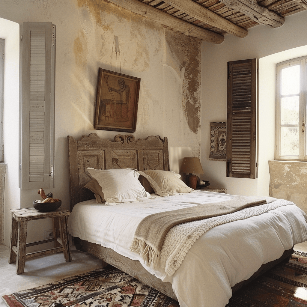 Mediterranean-inspired bedroom retreat with rustic wood details that evoke a sense of history and nostalgia, infusing the space with character and charm