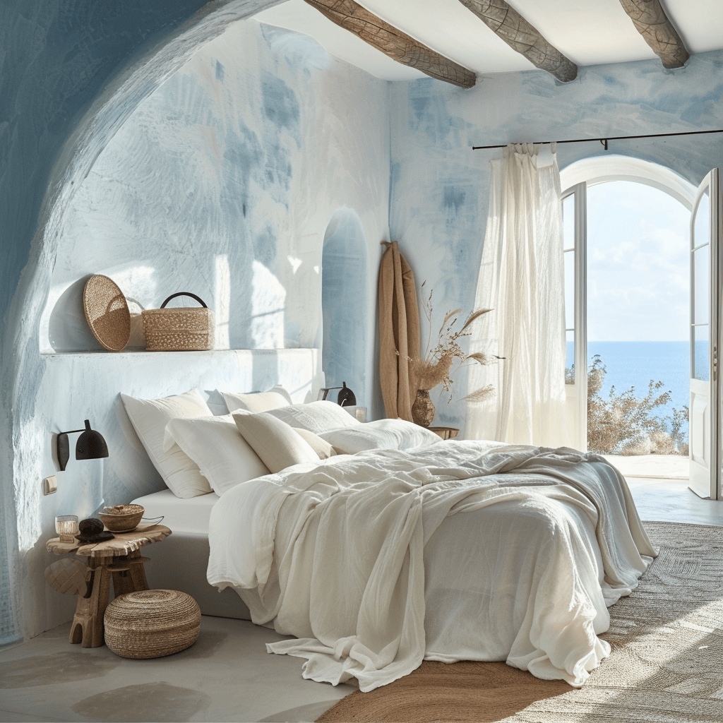 Mediterranean bedroom embracing a harmonious blend of soothing blues, warm earthy tones, and crisp whites, creating a calming and invigorating atmosphere