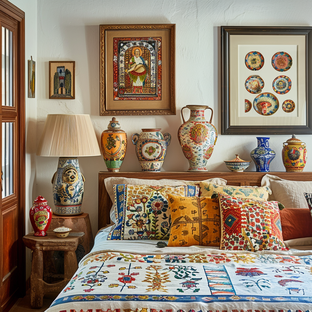 Mediterranean bedroom showcasing a collection of handcrafted ceramic pieces, including colorful vases, hand-painted plates, and unique figurines, celebrating artisanal traditions