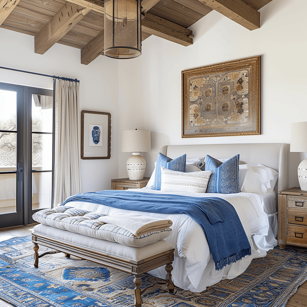 Mediterranean bedroom that achieves a cohesive and harmonious look by skillfully balancing colors, textures, patterns, and personal touches