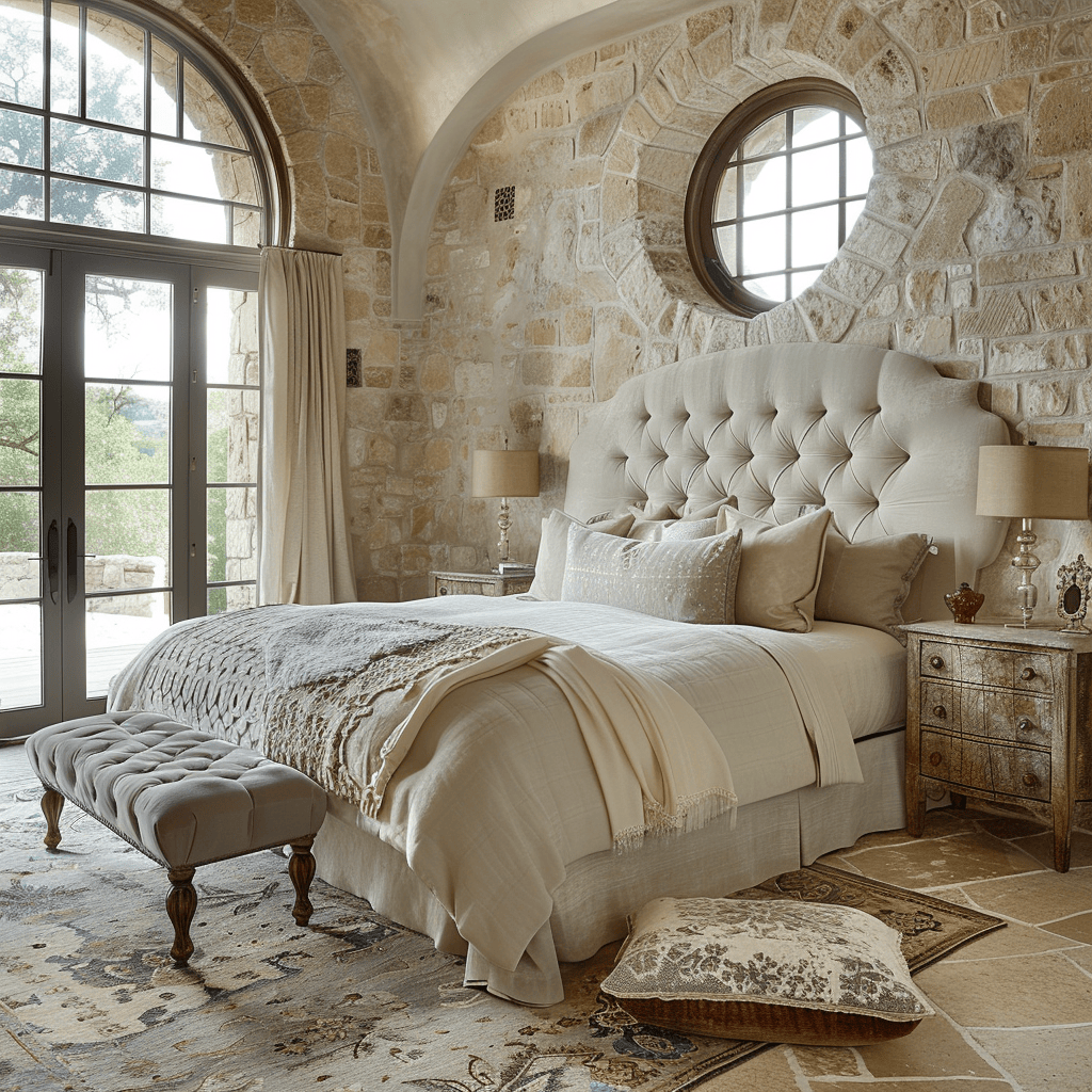 Mediterranean bedroom with a mix of luxurious fabrics, such as soft linens and plush velvets, and smooth surfaces, like polished stone and ceramic accessories