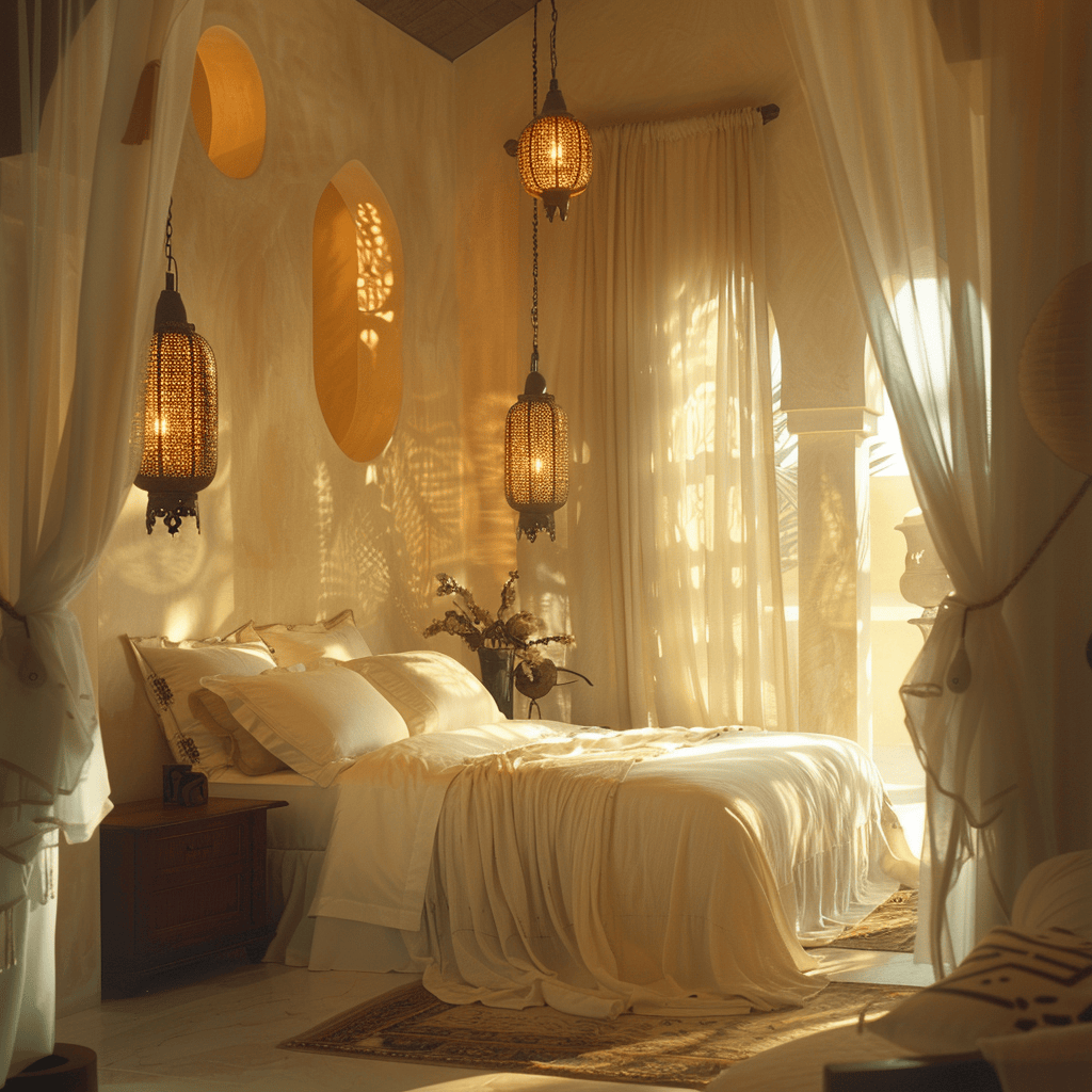 Mediterranean bedroom with a mix of soft, diffused lighting, statement chandeliers, and lantern-inspired accents, creating a warm and inviting atmosphere