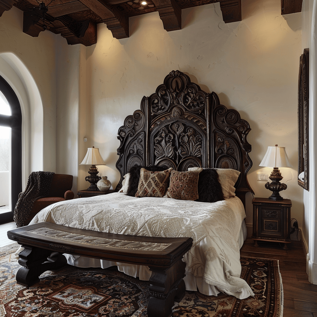 Mediterranean bedroom with carefully curated furniture, including ornate headboards, vintage finds, and wrought iron details, reflecting the region's rich history and craftsmanship