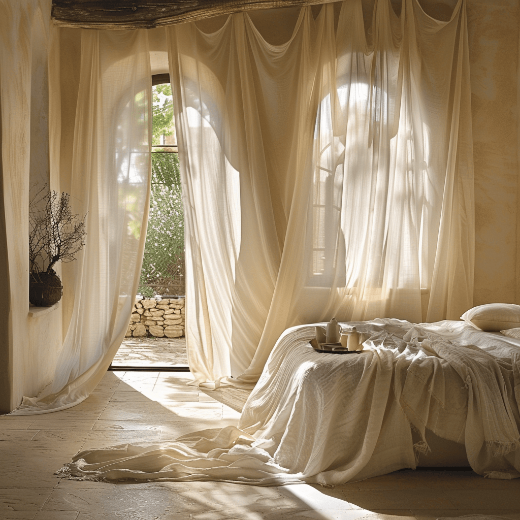 Mediterranean bedroom with sheer, gauzy curtains in a soft, neutral tone that gently filter the golden Mediterranean sunlight, creating a dreamy, ethereal ambiance