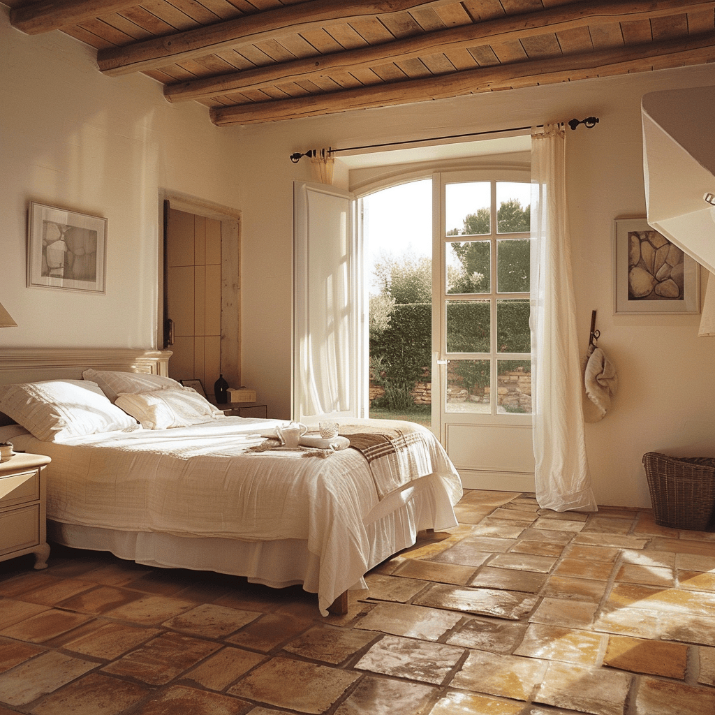 Mediterranean bedroom with warm, earthy terracotta tiles as flooring, creating a cozy and inviting atmosphere