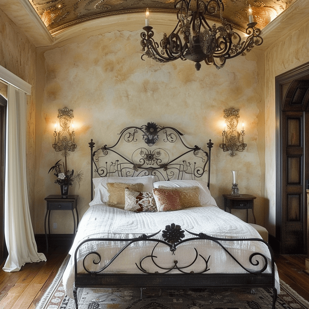 Mediterranean bedroom with wrought iron details, including a delicate chandelier, scrolling bed frame, and decorative wall sconces, adding old-world elegance