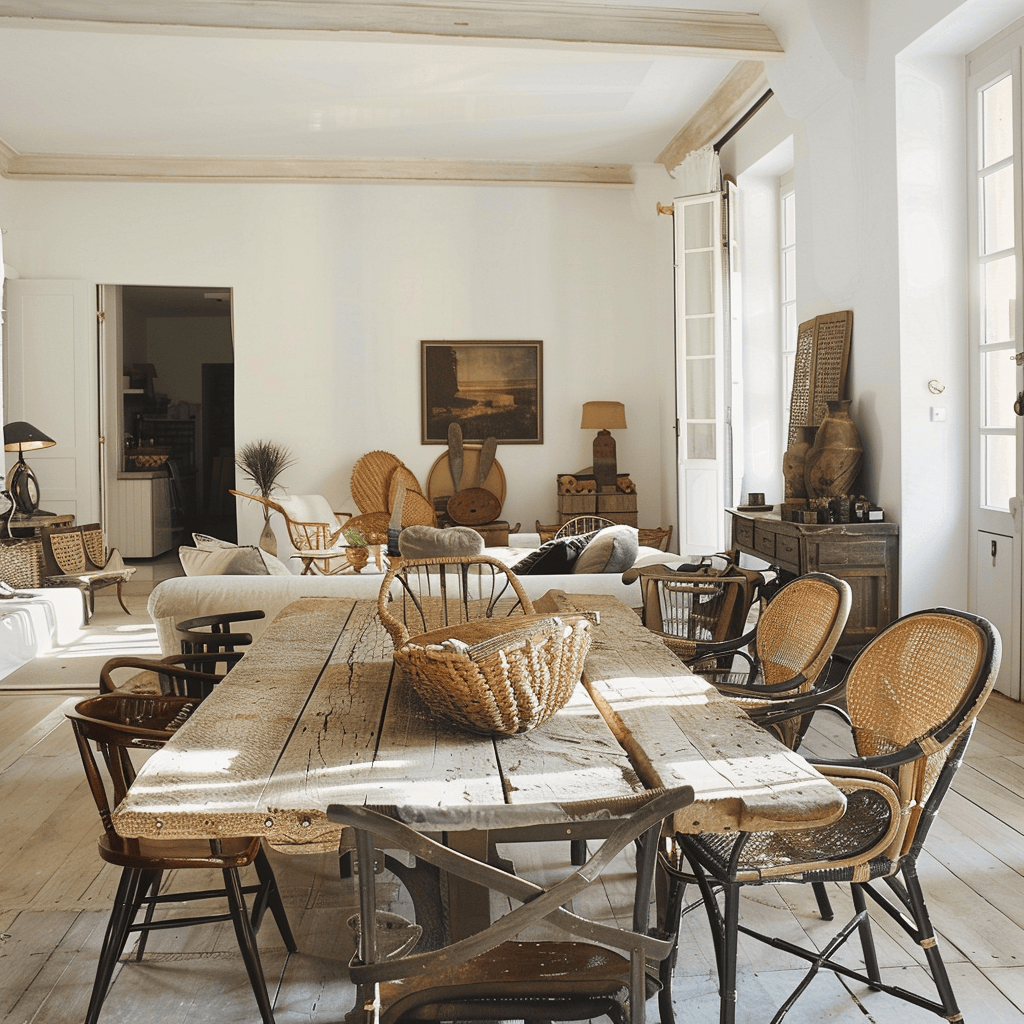 Mediterranean living room featuring a dining area with a rustic wooden table rectangular silhouette and a mix of chairs for an eclectic collected look