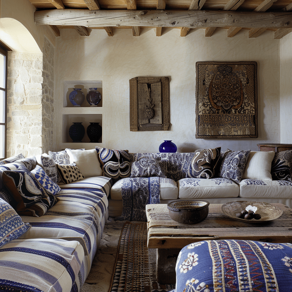 Mediterranean living room featuring a mix of patterns and textures for a layered collected look with stripes ikat paisley rough hewn wood smooth ceramics and soft fabrics