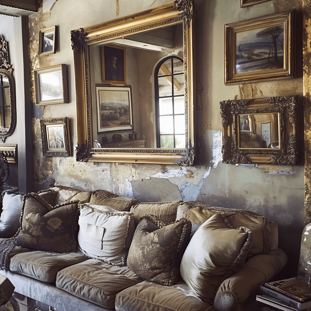 Mediterranean living room featuring antique mirrors and frames with aged distressed finishes or ornate gilded frames for a focal point or gallery wall