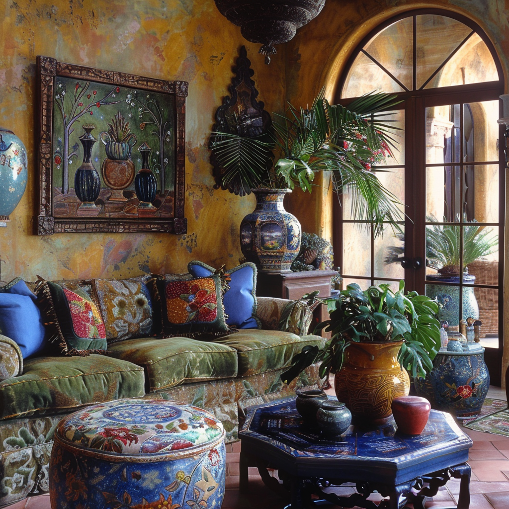 Mediterranean living room featuring ceramics and pottery in rich earthy colors like blue green and terracotta with hand painted designs or glazed finishes
