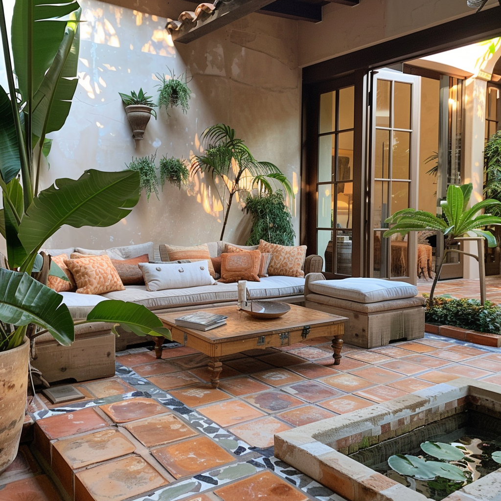 Mediterranean living room featuring indoor outdoor living spaces with seamless transitions terracotta tiles natural stone comfortable seating plants and water features