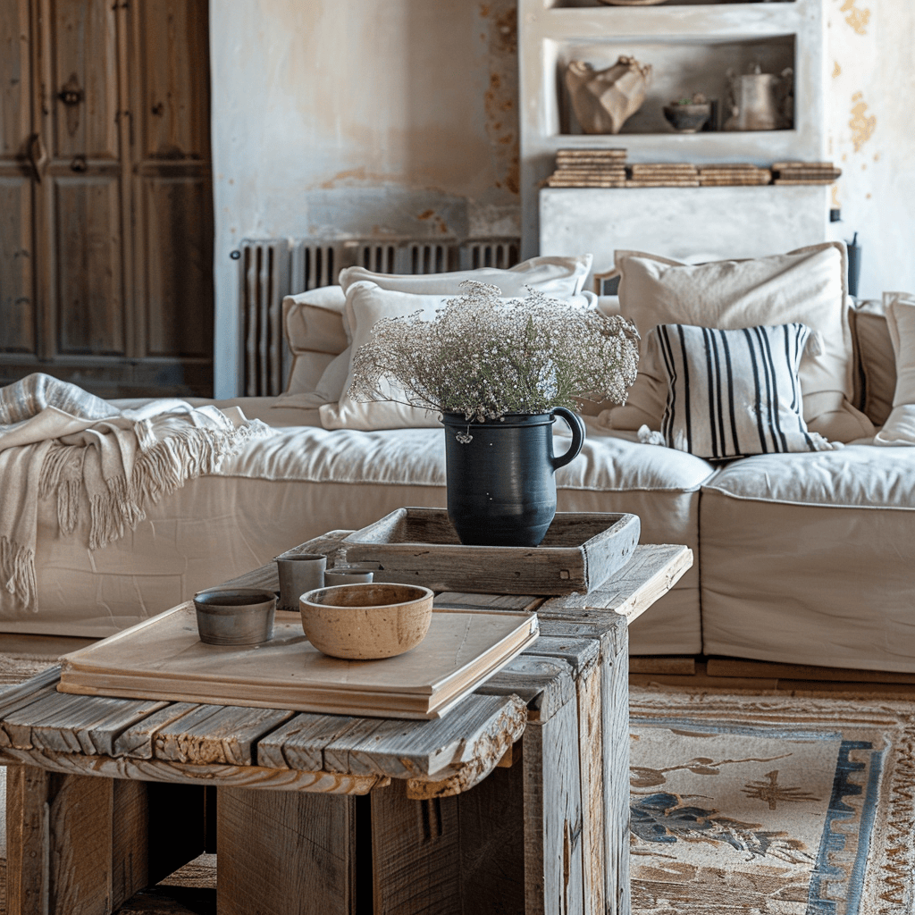 Mediterranean living room featuring wooden coffee and side tables with a rustic weathered finish that showcases the natural grain and imperfections