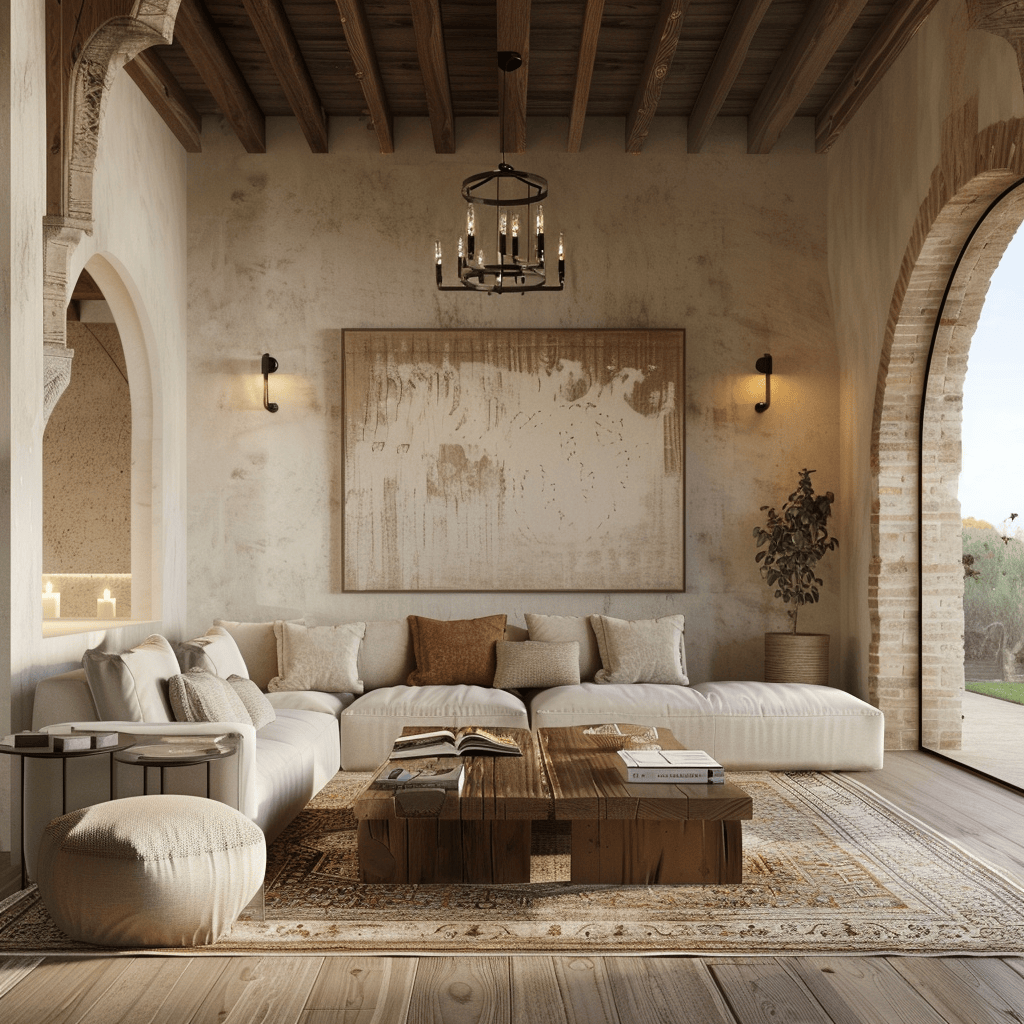 Mediterranean living room highlighting key design elements warm colors natural materials comfortable furniture lighting textured fabrics and accessories