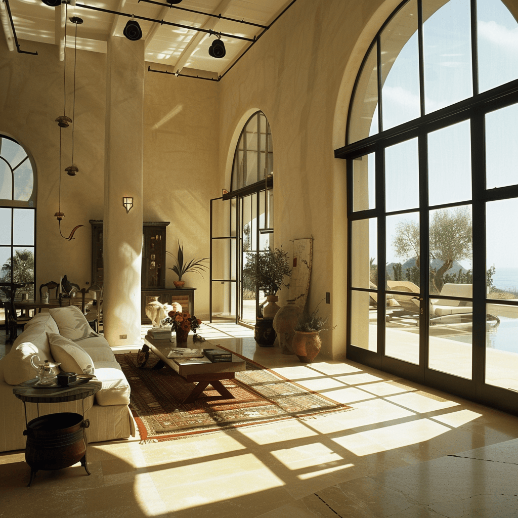 Mediterranean living room showcasing large windows and glass doors that maximize natural light for a bright and airy feel while considering the sun's path